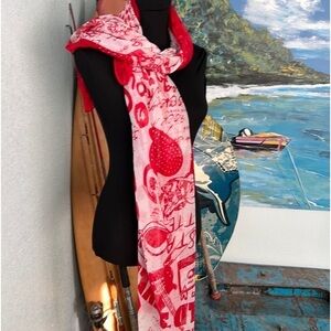 ⭐️VTG LuluCastagnette, Fun, Vibrant Red/White Large Scarf/Sari, EUC, One Size